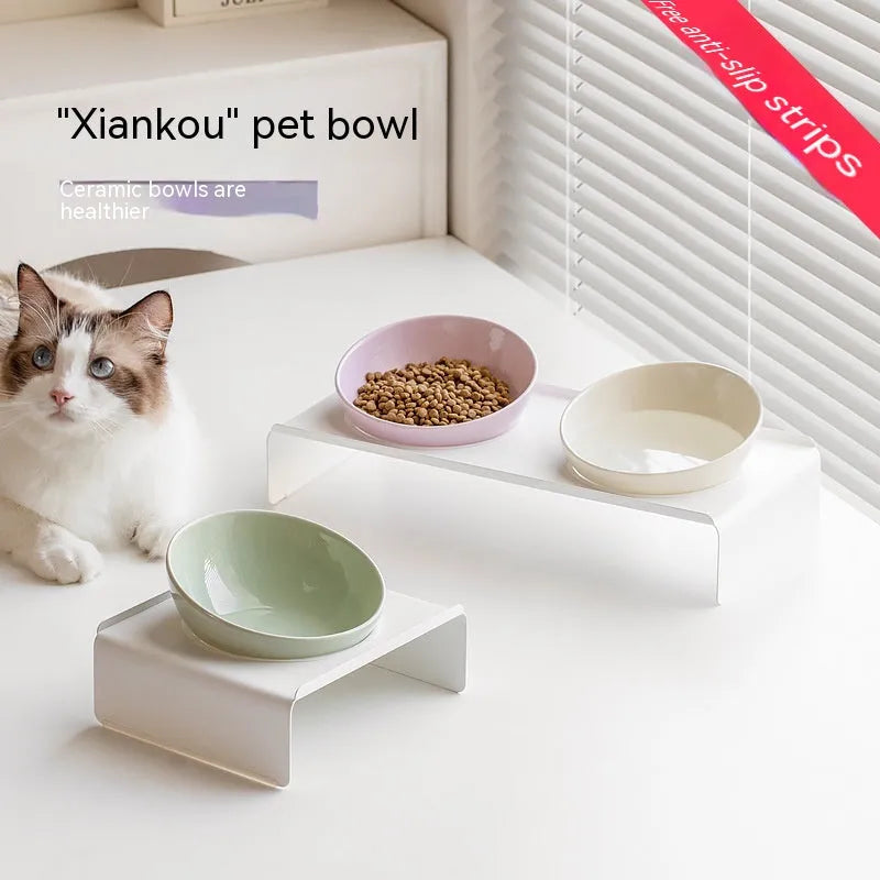 Purrfect Pet Kingdom - Ceramic Bevel Beveled Bowl Pet Cat Bowl - Cat Bowls & Feeders
