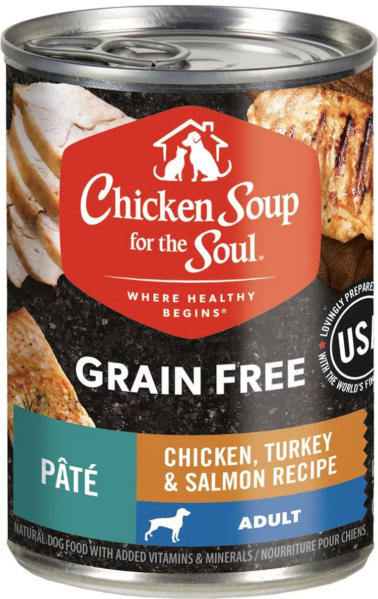 Purrfect Pet Kingdom Chicken Soup GF Poultry Salmon Dog food in a 3.79 oz package, perfect for nourishing your furry friend.