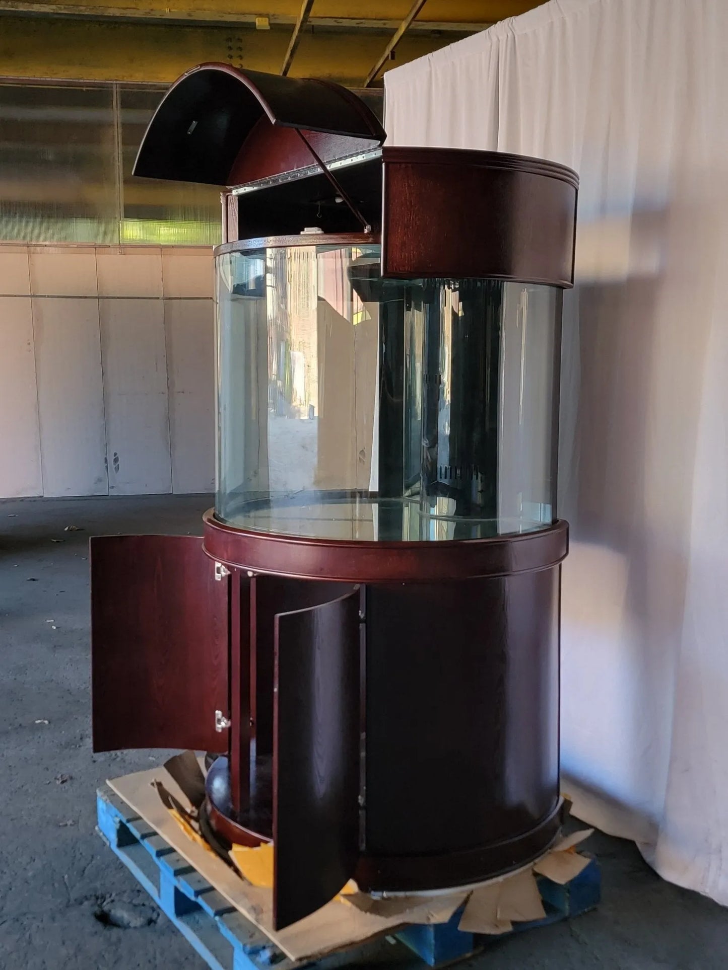 Purrfect Pet Kingdom - Display Model 133g 3/4 Cylinder Round Glass Reef-Ready Aquarium + Sump in Rose Cherry Furniture - A...