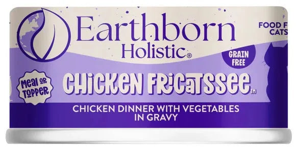 Purrfect Pet Kingdom Earthborn Chicken Fricassée Wet Cat Food, 2.39 oz can, featuring a colorful label and cat-friendly de...