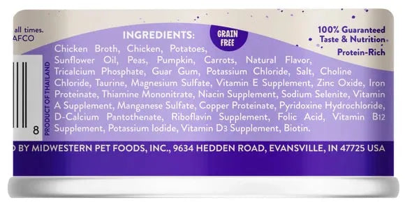 Purrfect Pet Kingdom Earthborn Chicken Fricassée Wet Cat Food, 2.39 oz can, featuring a colorful label and cat-friendly de...