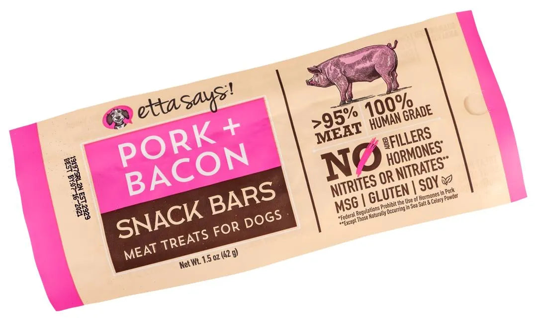 Purrfect Pet Kingdom Etta Says Snack Bar Pork and Bacon Dog Treat, 1.5oz, featuring a colorful packaging, ideal for dogs.