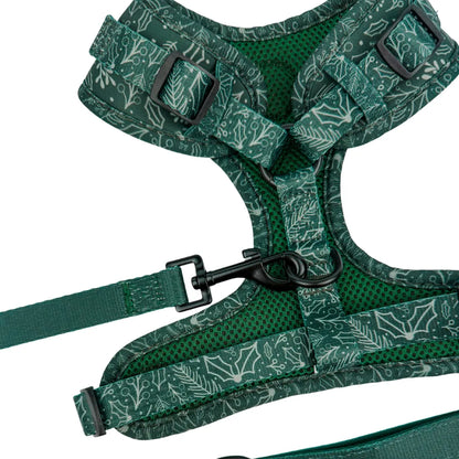 Evergreen Dream Adjustable Neoprene Dog Harness Comfort Fit by Purrfect Pet Kingdom. Green holly pattern, mesh, clip.