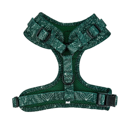 Evergreen Dream Adjustable Neoprene Dog Harness Comfort Fit: Dark green winter foliage print, breathable mesh, D-ring.