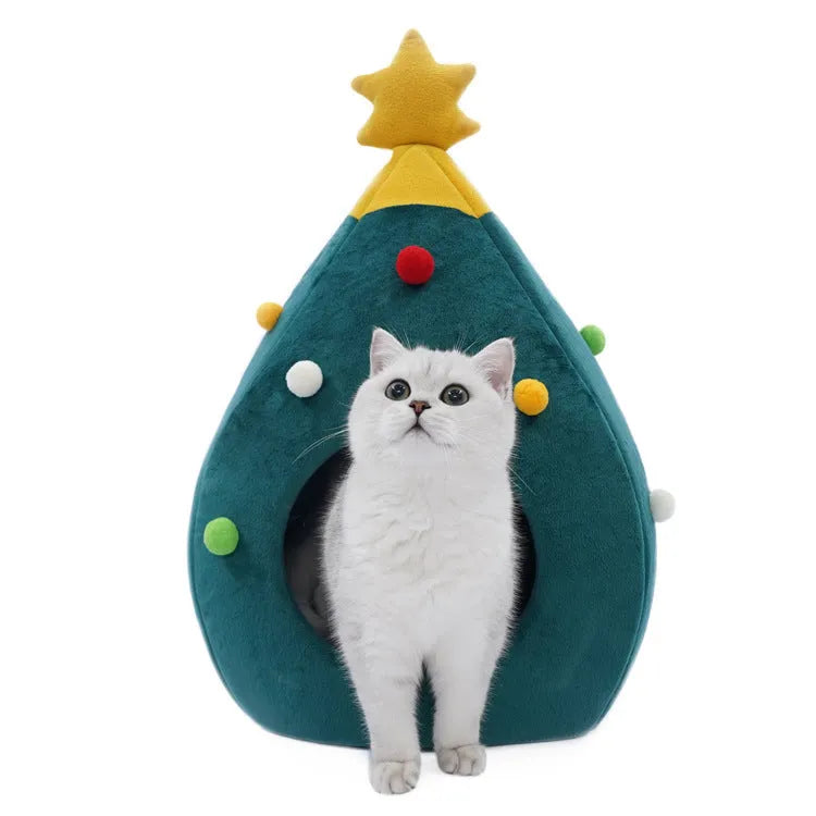 Purrfect Pet Kingdom® - Festive Christmas Tree Cat Bed Cozy Felt Pet Cave House - Nests