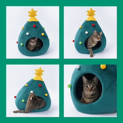Purrfect Pet Kingdom® - Festive Christmas Tree Cat Bed Cozy Felt Pet Cave House - Cat Beds