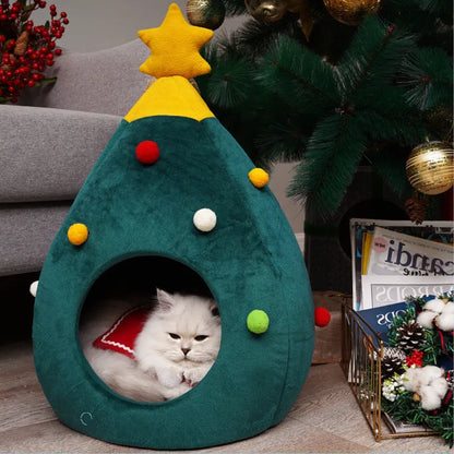 Purrfect Pet Kingdom® - Festive Christmas Tree Cat Bed Cozy Felt Pet Cave House - Nests