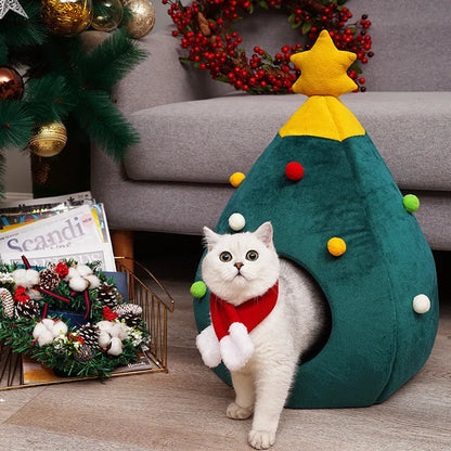 Purrfect Pet Kingdom® - Festive Christmas Tree Cat Bed Cozy Felt Pet Cave House - Cat Beds