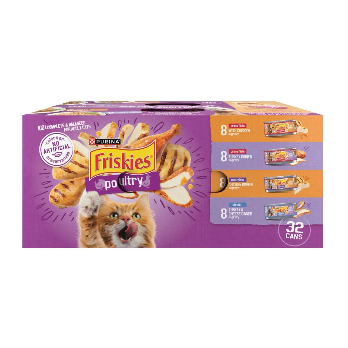 Purrfect Pet Kingdom Friskies Poultry Variety Pack, 32 cans of 5.5 oz, colorful cat food for happy felines.