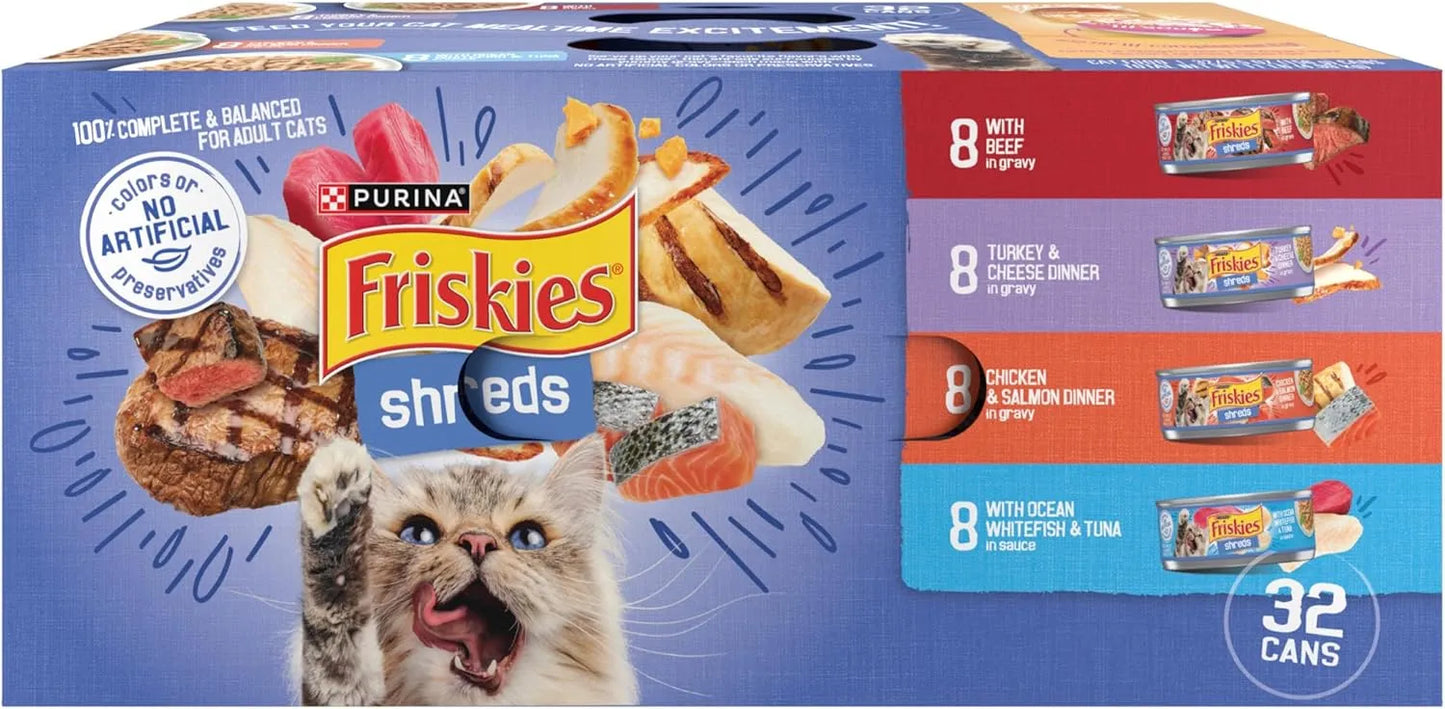 Purrfect Pet Kingdom Friskies Shreds Variety Pack 32Ct of 5.5Oz Cans for cats, featuring colorful, appetizing can designs.