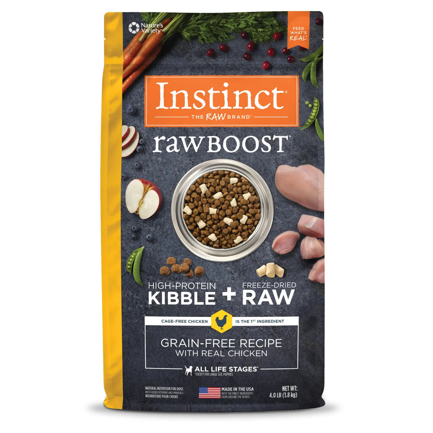 Purrfect Pet Kingdom Instinct All Life Stages Raw Boost Grain Free Chicken Dry Dog Food in 3.5lb bag, ideal for dogs.