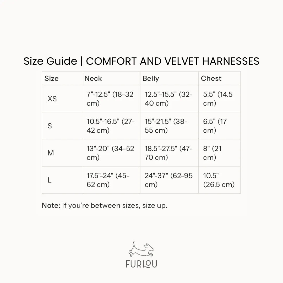 Lilac Velvet Dog Harness size guide with neck, belly, and chest measurements for sizes XS to L. Purrfect Pet Kingdom.