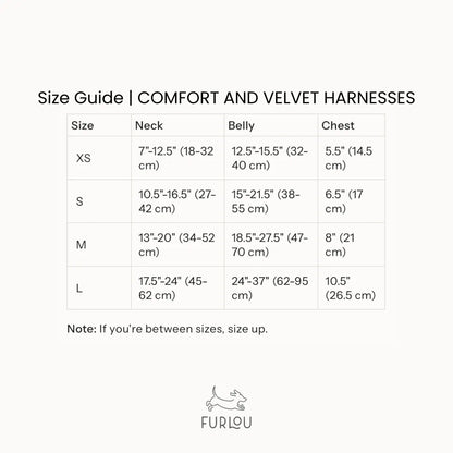 Lilac Velvet Dog Harness size guide with neck, belly, and chest measurements for sizes XS to L. Purrfect Pet Kingdom.