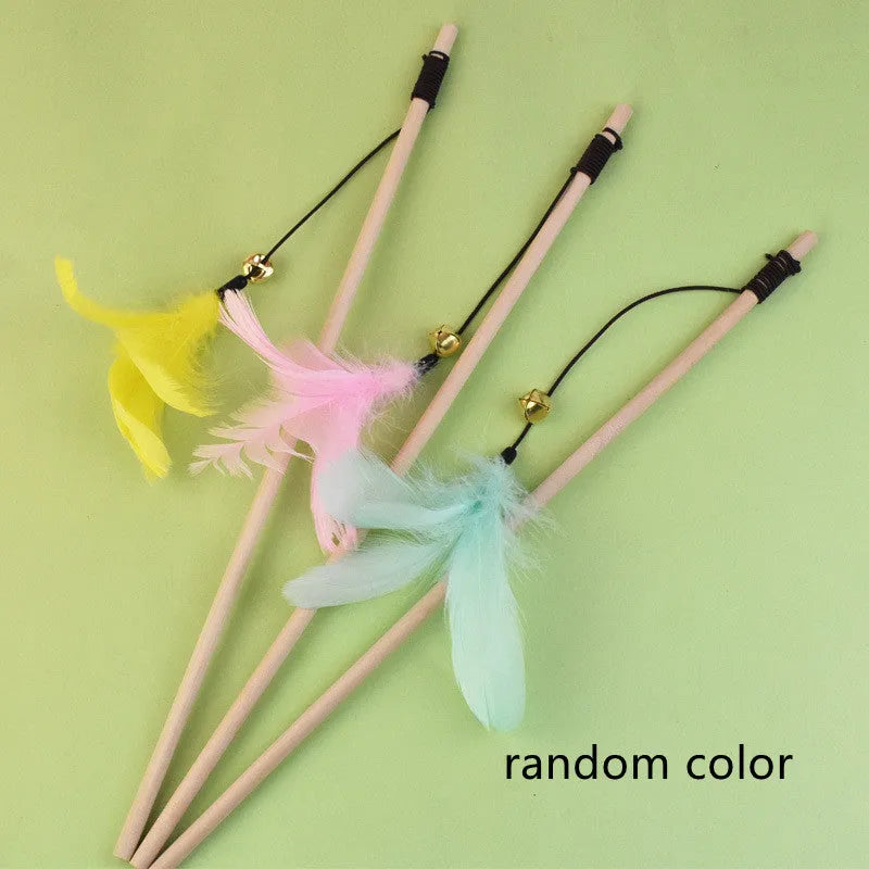 Purrfect Pet Kingdom® - Log Wooden Pole Vine Bal Bell Feather Cat Teaser Stick - Cat Toys