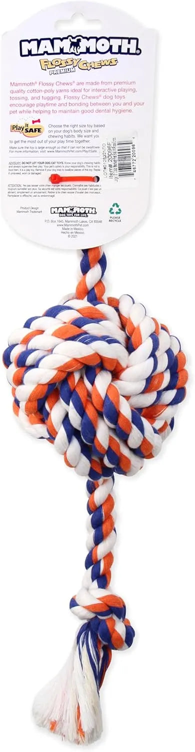 Purrfect Pet Kingdom Mammoth Flossy Monkey Fist Dog Toy in vibrant colors, available in 18in and 25in sizes for playful dogs.