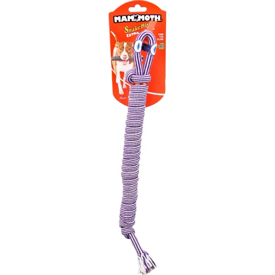Purrfect Pet Kingdom Mammoth Snakebiter Shorty Dog Toy in vibrant colors, available in 18in or 28in sizes for playful dogs.