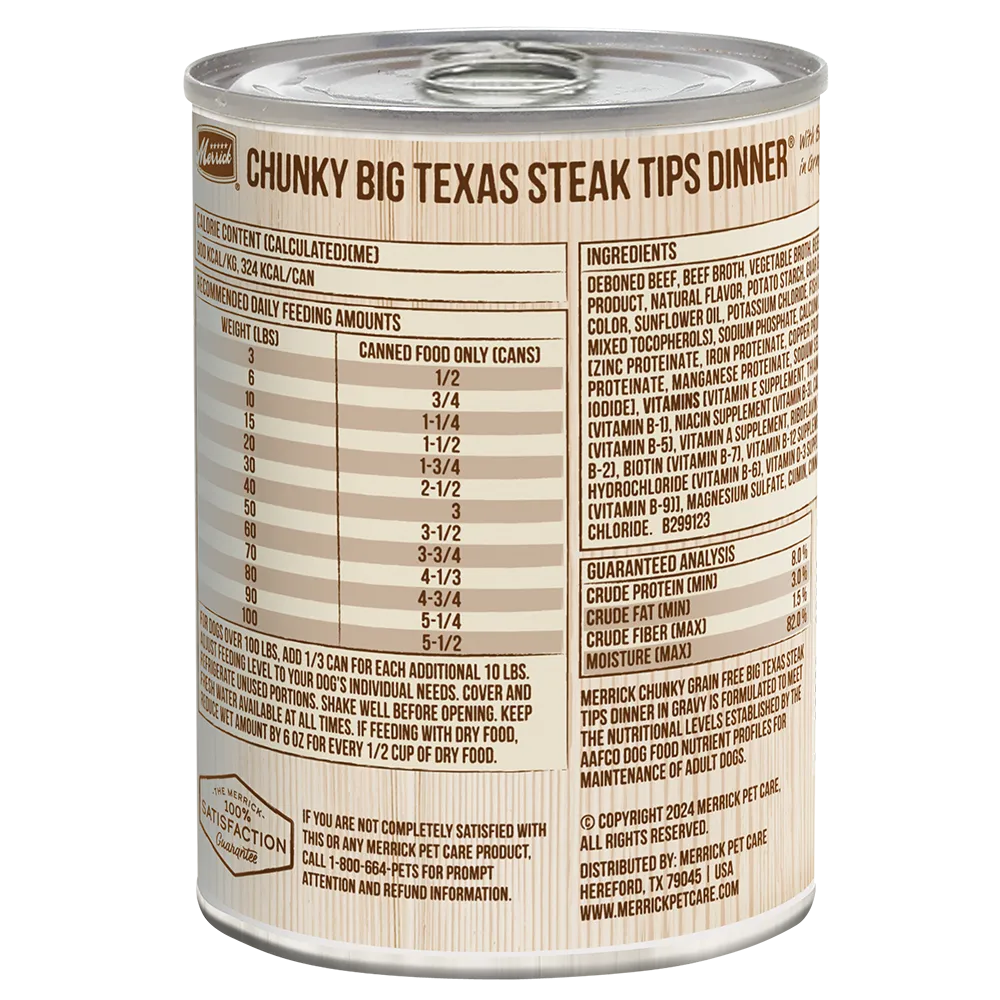 Purrfect Pet Kingdom Merrick Chunky Grain Free Adult Big Texas Steak Dinner Wet Dog Food, 12.7oz can, ideal for dogs.