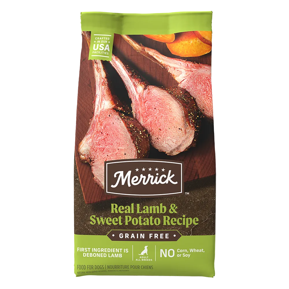 Purrfect Pet Kingdom Merrick Grain Free Adult Lamb and Sweet Potato Dry Dog Food, 4lb bag, ideal for healthy canine diets.