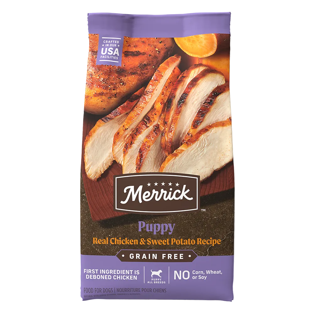 Purrfect Pet Kingdom Merrick Grain-Free Puppy Chicken Sweet Potato Dry Dog Food 4lb bag, ideal for dogs, in vibrant packag...