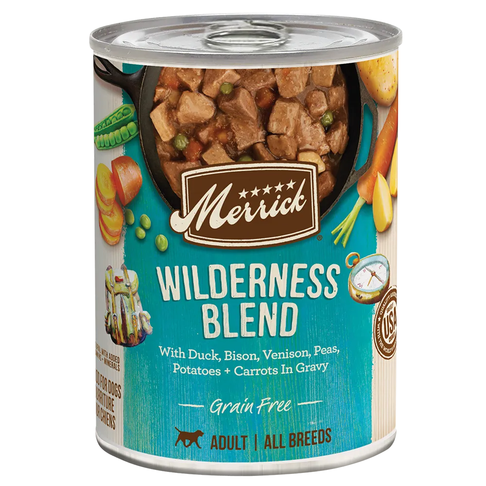 Purrfect Pet Kingdom Merrick Grain Free Wilderness Blend Wet Dog Food, 12.7oz can, perfect for dogs, with a vibrant label ...