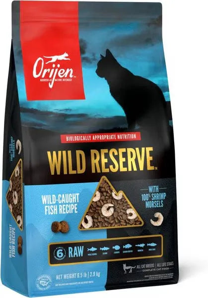 Purrfect Pet Kingdom Orijen Grain Free Wild Reserve Fish Recipe Dry Cat Food in a 3.5lb bag, featuring a vibrant design fo...
