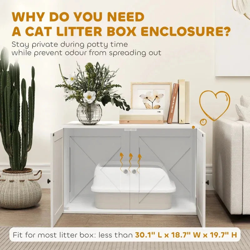 PawHut Barn Door Cat Litter Box Enclosure in white by Purrfect Pet Kingdom, XL size, stylish hidden cabinet for cats.