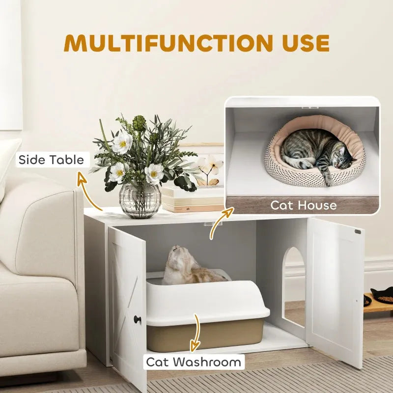PawHut Barn Door Cat Litter Box Enclosure in white by Purrfect Pet Kingdom, XL size, stylish hidden cabinet for cats.