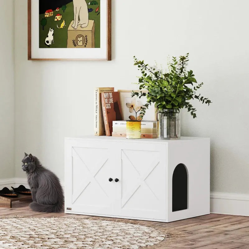 PawHut Barn Door Cat Litter Box Enclosure in white by Purrfect Pet Kingdom, XL size, stylish hidden cabinet for cats.