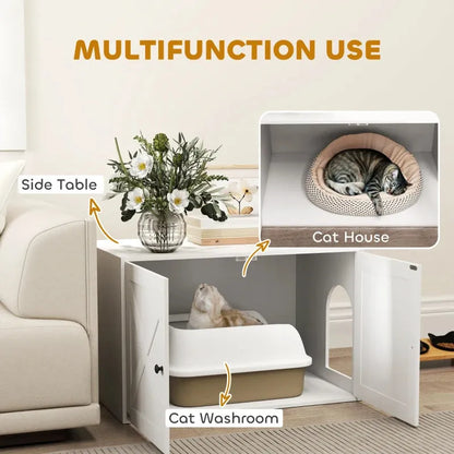 PawHut Barn Door Cat Litter Box Enclosure in white by Purrfect Pet Kingdom, XL size, stylish hidden cabinet for cats.