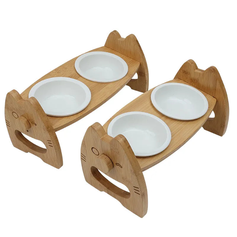 Purrfect Pet Kingdom® - Pet Bowl Ceramic Double Bowl Wooden Stand Neck Protection - Bowls