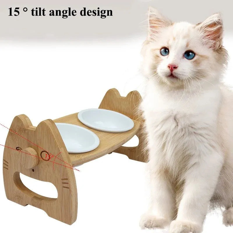 Purrfect Pet Kingdom® - Pet Bowl Ceramic Double Bowl Wooden Stand Neck Protection - Bowls