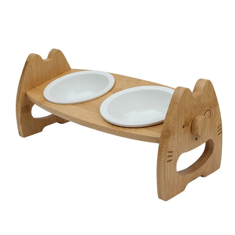 Purrfect Pet Kingdom® - Pet Bowl Ceramic Double Bowl Wooden Stand Neck Protection - Bowls