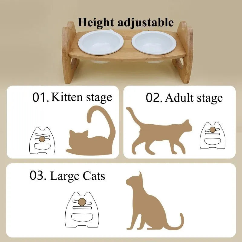 Purrfect Pet Kingdom® - Pet Bowl Ceramic Double Bowl Wooden Stand Neck Protection - Bowls