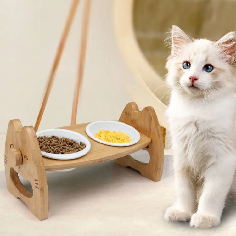 Purrfect Pet Kingdom® - Pet Bowl Ceramic Double Bowl Wooden Stand Neck Protection - Bowls