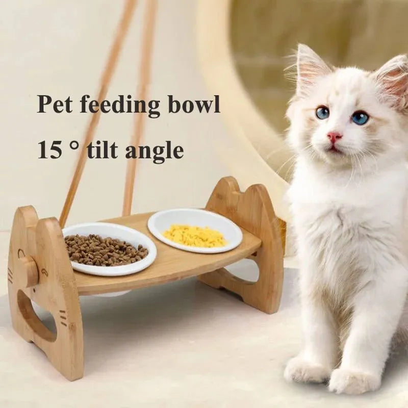 Purrfect Pet Kingdom® - Pet Bowl Ceramic Double Bowl Wooden Stand Neck Protection - Bowls