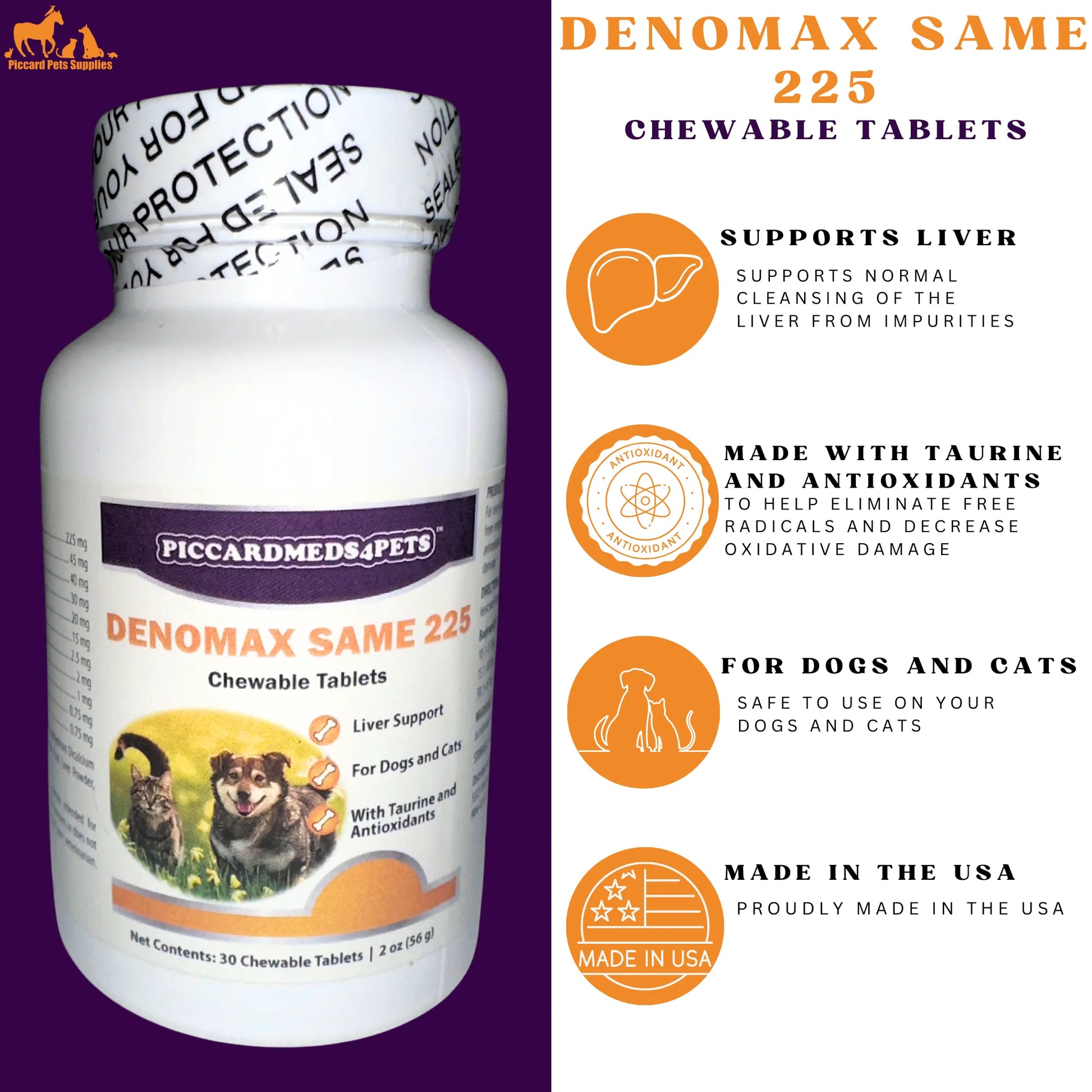 Purrfect Pet Kingdom® - Piccardmeds4pets Denomax Same 225 for Dogs and Cats 30 Count - Vitamins & Supplements