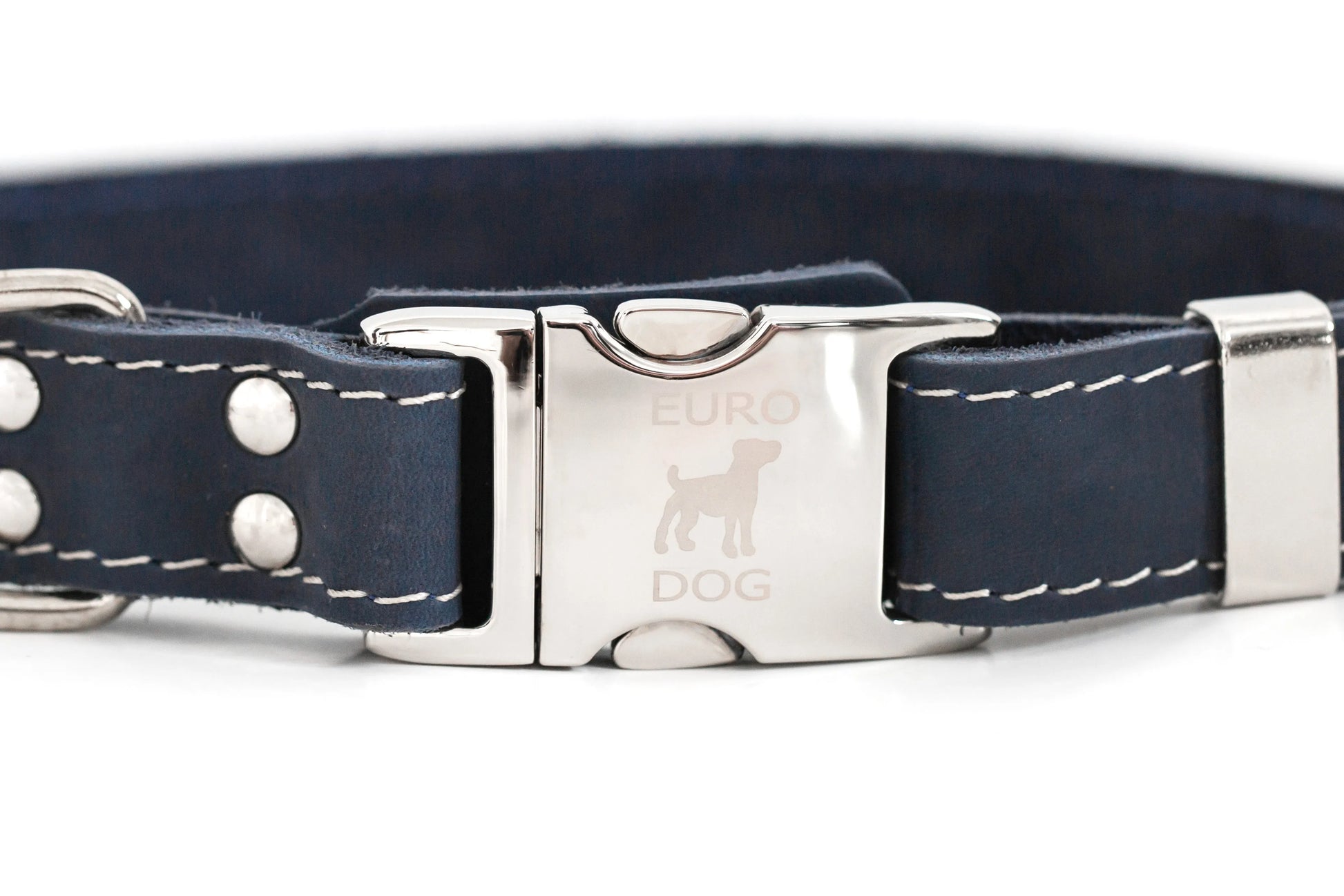 Premium Leather Quick-Release Dog Collar in Blue Jean by Purrfect Pet Kingdom with silver buckle and white stitching.