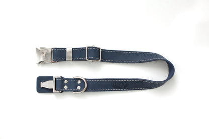 Premium Leather Quick-Release Dog Collar in Classic Blue Jean by Purrfect Pet Kingdom: blue leather, silver buckle.
