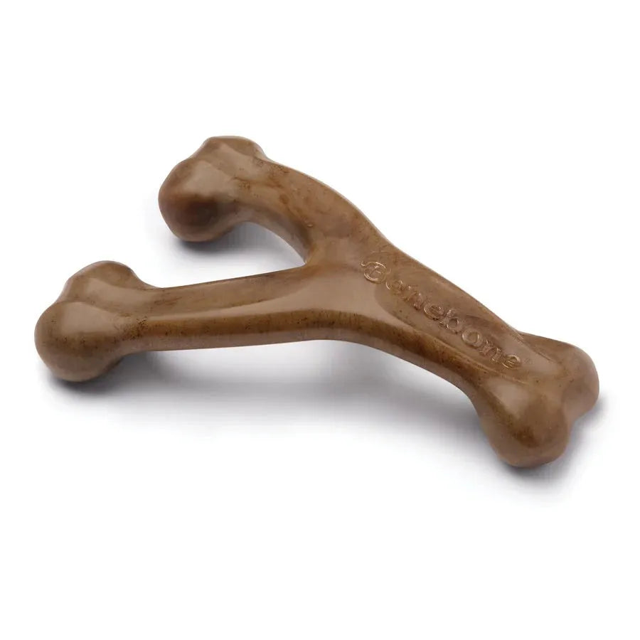 Purrfect Pet Kingdom Benebone Wishbone in bacon flavor, medium size, ideal chew toy for dogs and cats, visible brown color.