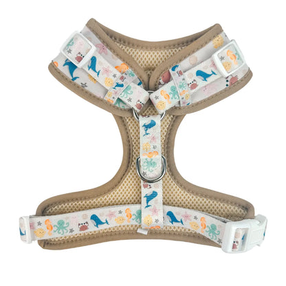 Sea La Vie Adjustable Dog Harness Breathable Neoprene Comfort: Tan mesh harness with a colorful ocean animal pattern.