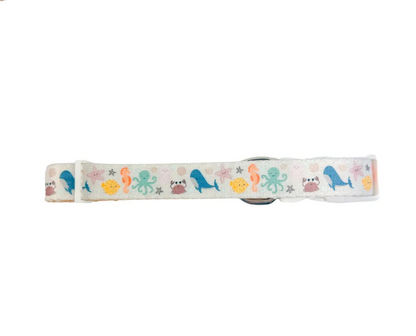 Sea La Vie Padded Neoprene Dog Collar Comfortable And Secure: white with ocean life print like whales and seahorses.