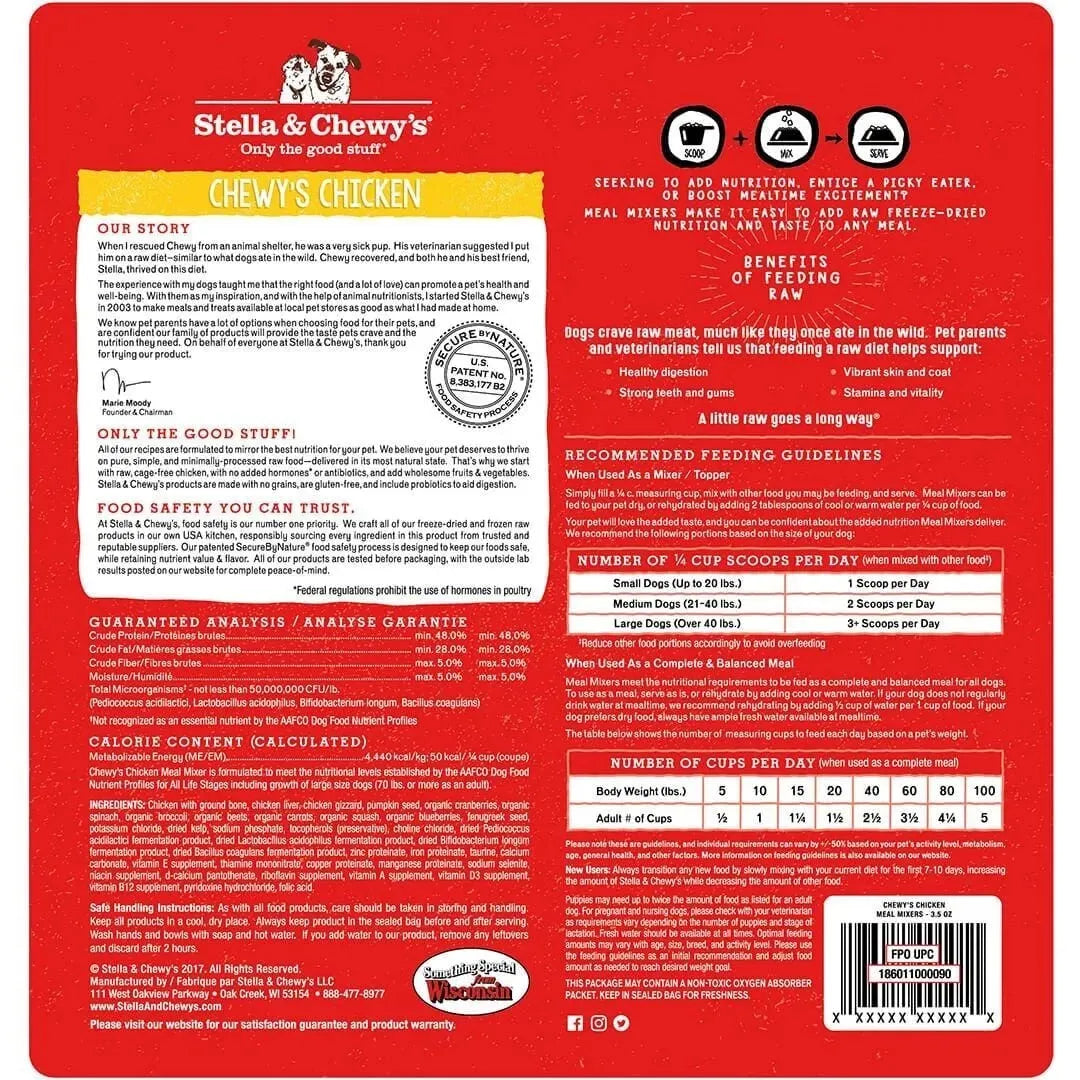 Purrfect Pet Kingdom Stella Chewy Chicken Meal Mixers 35oz, premium pet food for cats and dogs, featuring a vibrant packag...