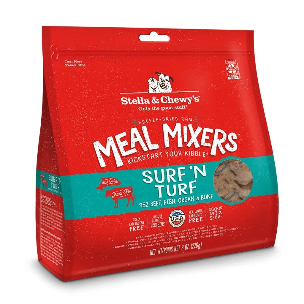 Purrfect Pet Kingdom Stella Chewy Surf Turf Mixers 3.5oz for cats and dogs, featuring a colorful blend of ingredients.