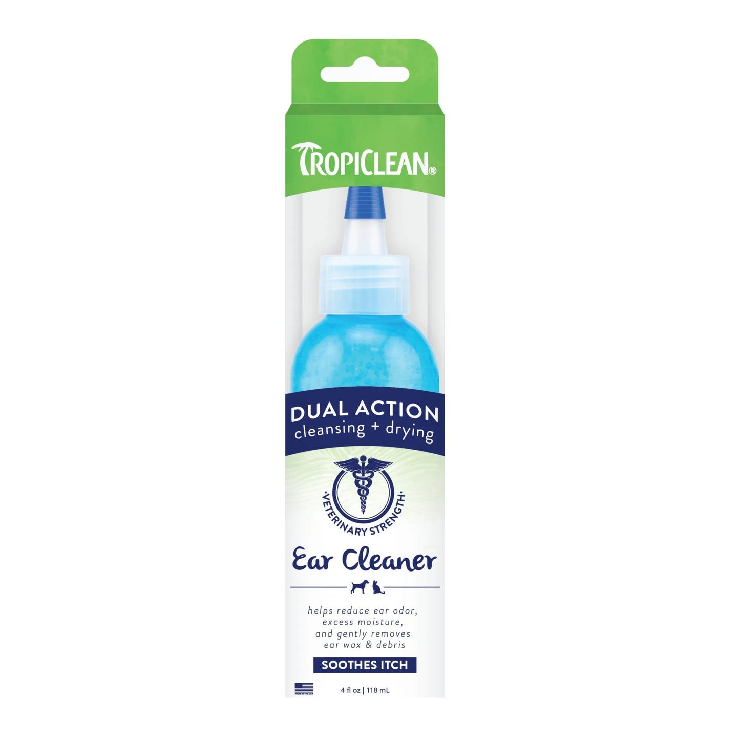 Purrfect Pet Kingdom Tropiclean Dual Action Pet Ear Wash for cats and dogs, 10.99, in a vibrant blue bottle.
