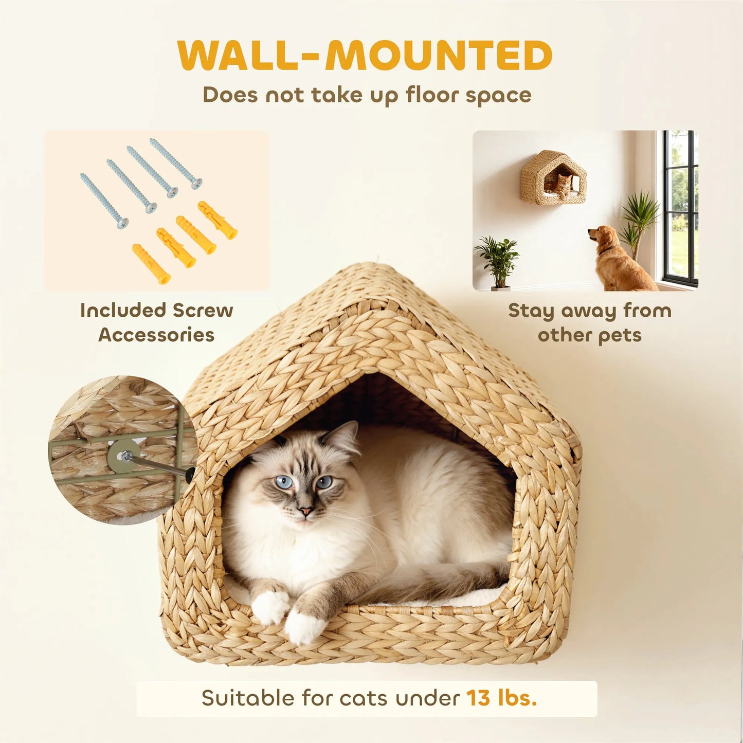Purrfect Pet Kingdom - Wall Mounted Cat House, Cat Wall Furniture, Cat Wall Shelf with Washable Cushion, Natural - 5