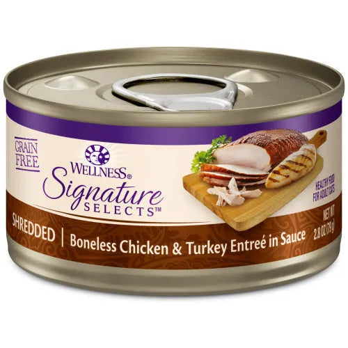 Wellness Core Adult Signature Select Shredded Chicken and Turkey Entree Wet Cat Food by Purrfect Pet Kingdom, 5.3oz can.