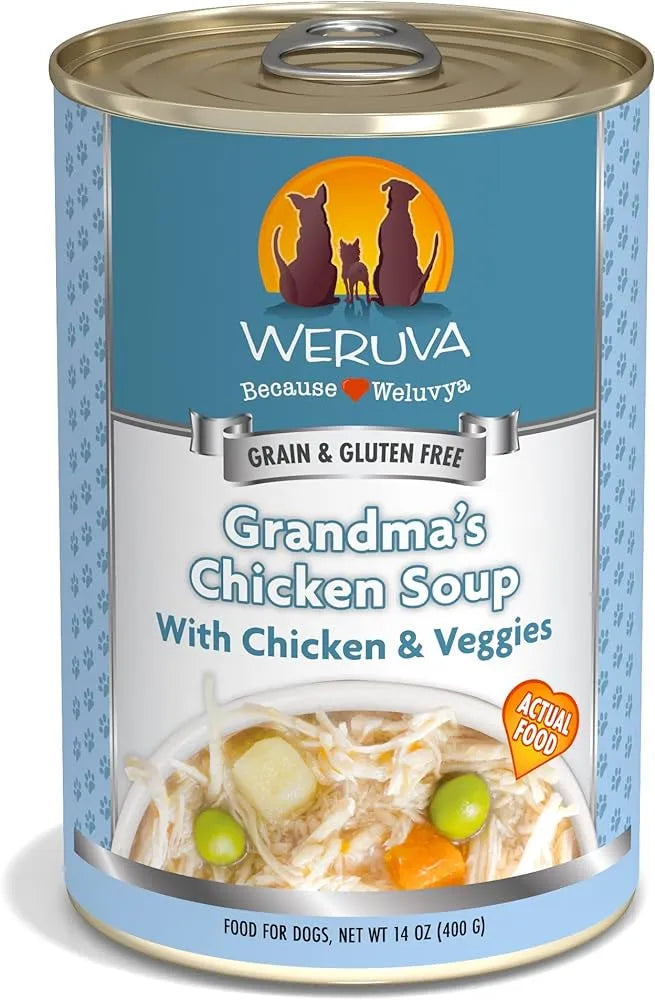 Purrfect Pet Kingdom Weruva Grandma Chicken 14oz dog food can, featuring a colorful label, priced at $5.99.