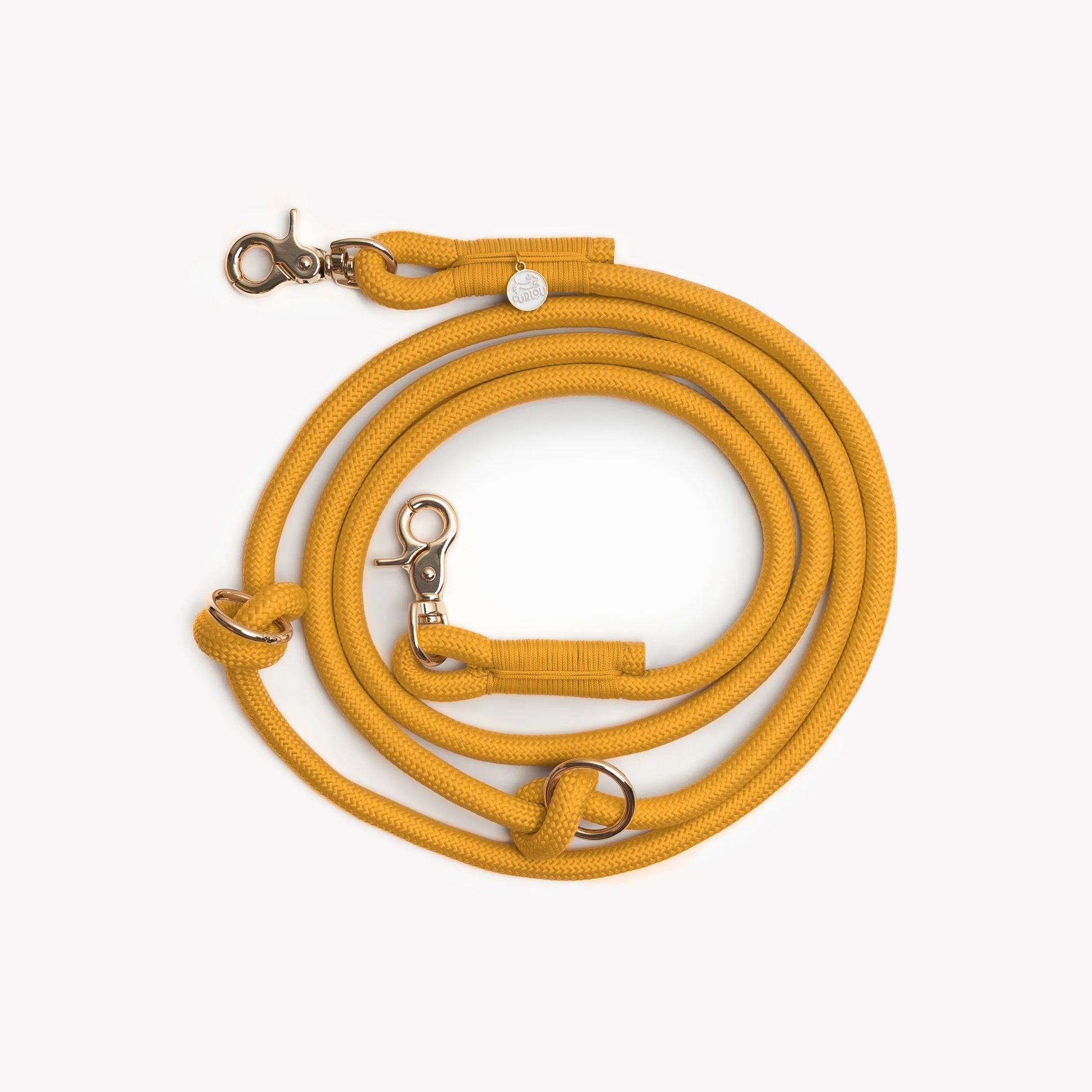 Yellow hands-free braided dog leash by Purrfect Pet Kingdom, ideal for walking dogs and cats, priced at $20.00.