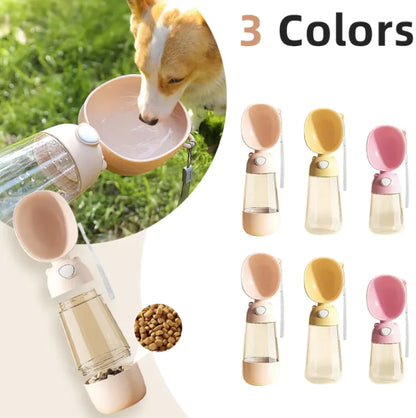 Mimarta 2-in-1 portable dog water bottle and food dispenser in peach, yellow, and pink plastic with a drinking bowl.