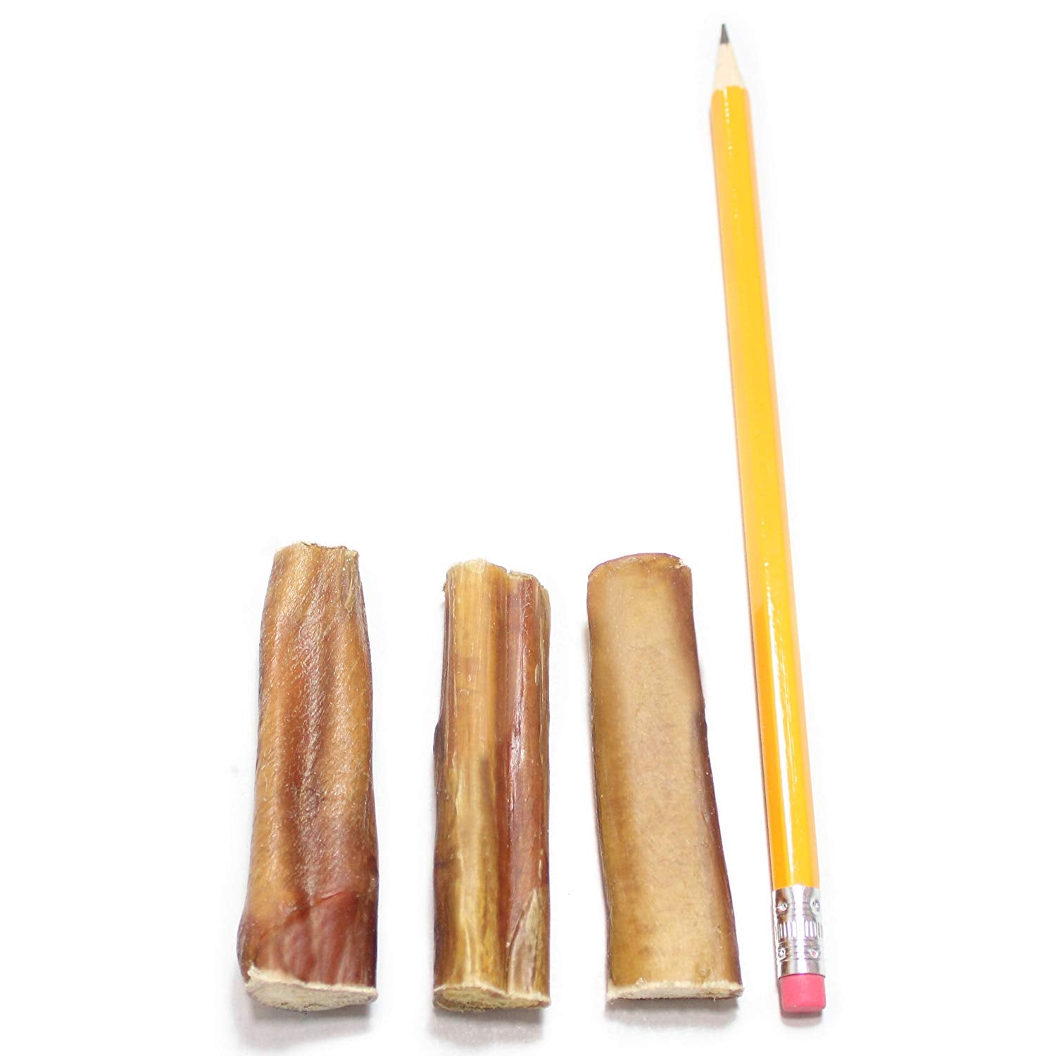 Bully bites dog chews from Purrfect Pet Kingdom in three sizes next to a pencil for scale
